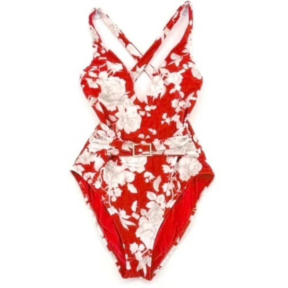 L'AGENCE Lisa Ikebana Floral Belted One Piece Swimsuit Red M - Picture 3 of 16